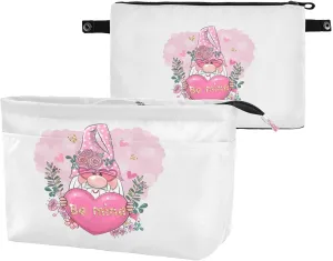 Valentine Be Mine Pink Gnome with Pink Heart, Flowers and Green Leaves Women's Portable Makeup Bag with Handle, Cosmetic Bag, Adjustable Travel Cosmetic Bag, Toiletry Storage Organizer for women S