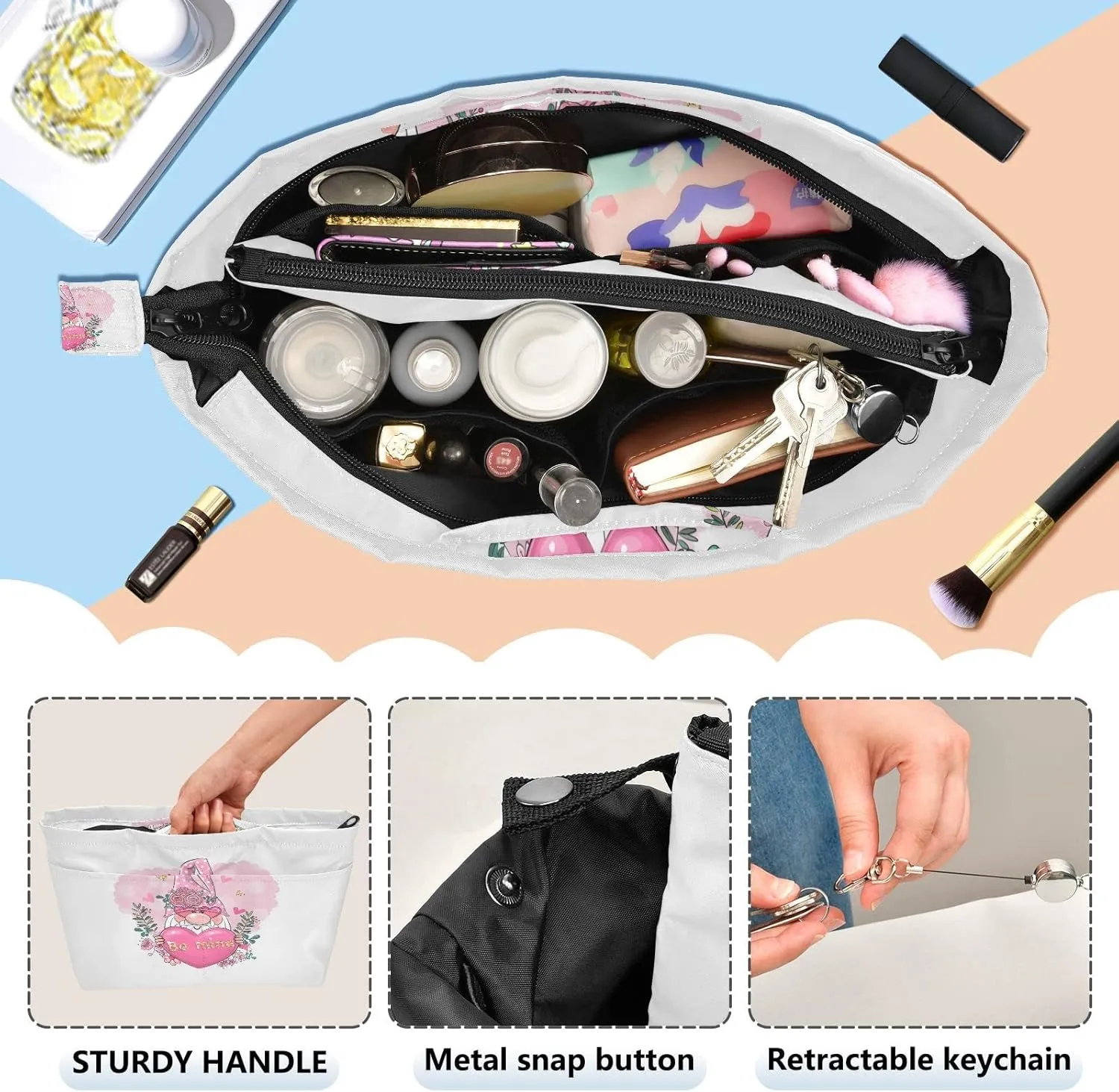 Valentine Be Mine Pink Gnome with Pink Heart, Flowers and Green Leaves Women's Portable Makeup Bag with Handle, Cosmetic Bag, Adjustable Travel Cosmetic Bag, Toiletry Storage Organizer for women S
