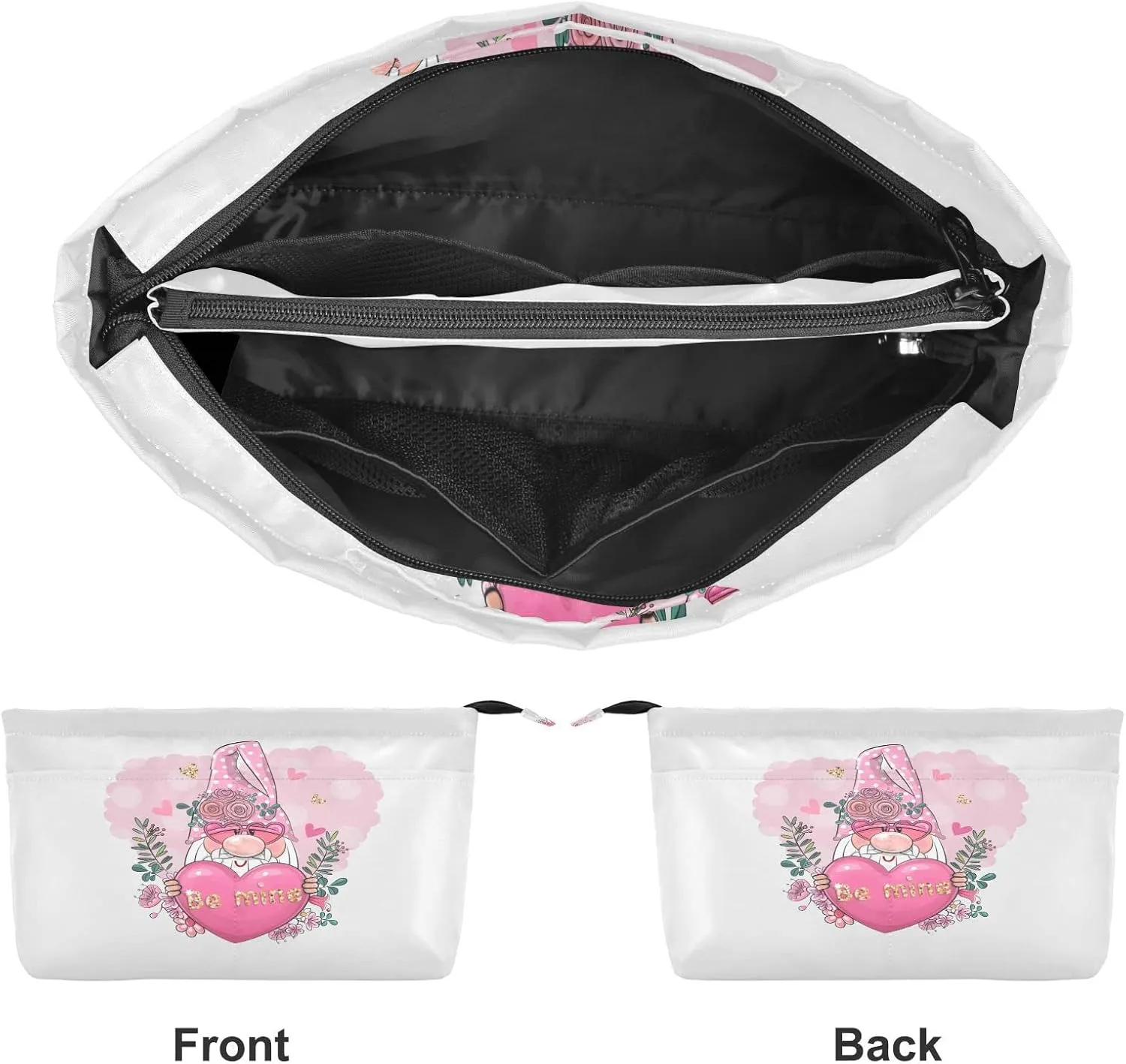 Valentine Be Mine Pink Gnome with Pink Heart, Flowers and Green Leaves Women's Portable Makeup Bag with Handle, Cosmetic Bag, Adjustable Travel Cosmetic Bag, Toiletry Storage Organizer for women S