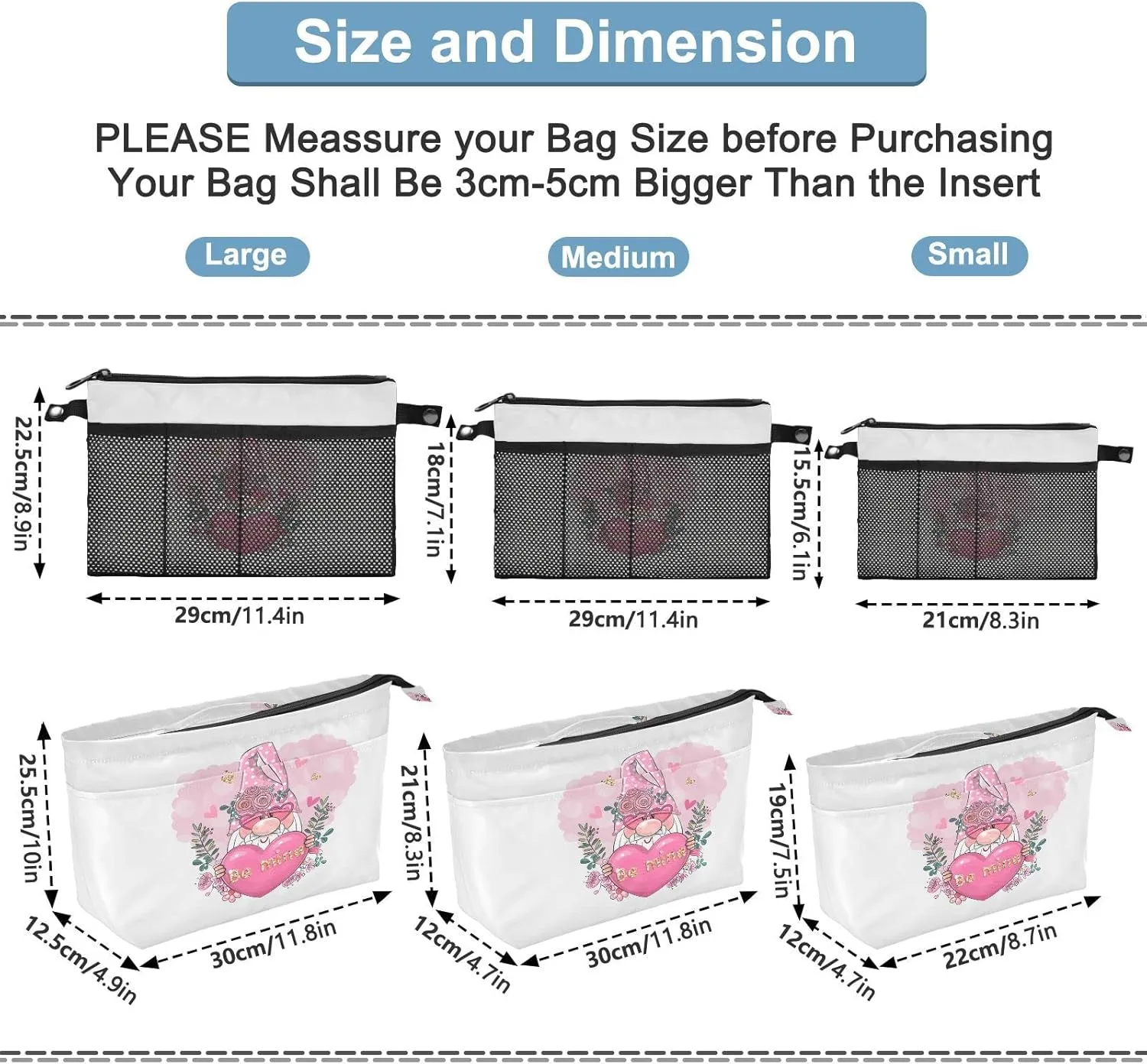 Valentine Be Mine Pink Gnome with Pink Heart, Flowers and Green Leaves Women's Portable Makeup Bag with Handle, Cosmetic Bag, Adjustable Travel Cosmetic Bag, Toiletry Storage Organizer for women S