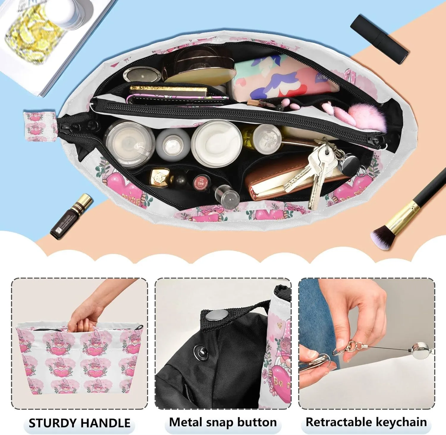 Valentine Be Mine Pink Gnome with Pink Heart, Flowers and Leaves Women's Portable Makeup Bag with Handle, Cosmetic Bag, Adjustable Travel Cosmetic Bag, Toiletry Storage Organizer for women S