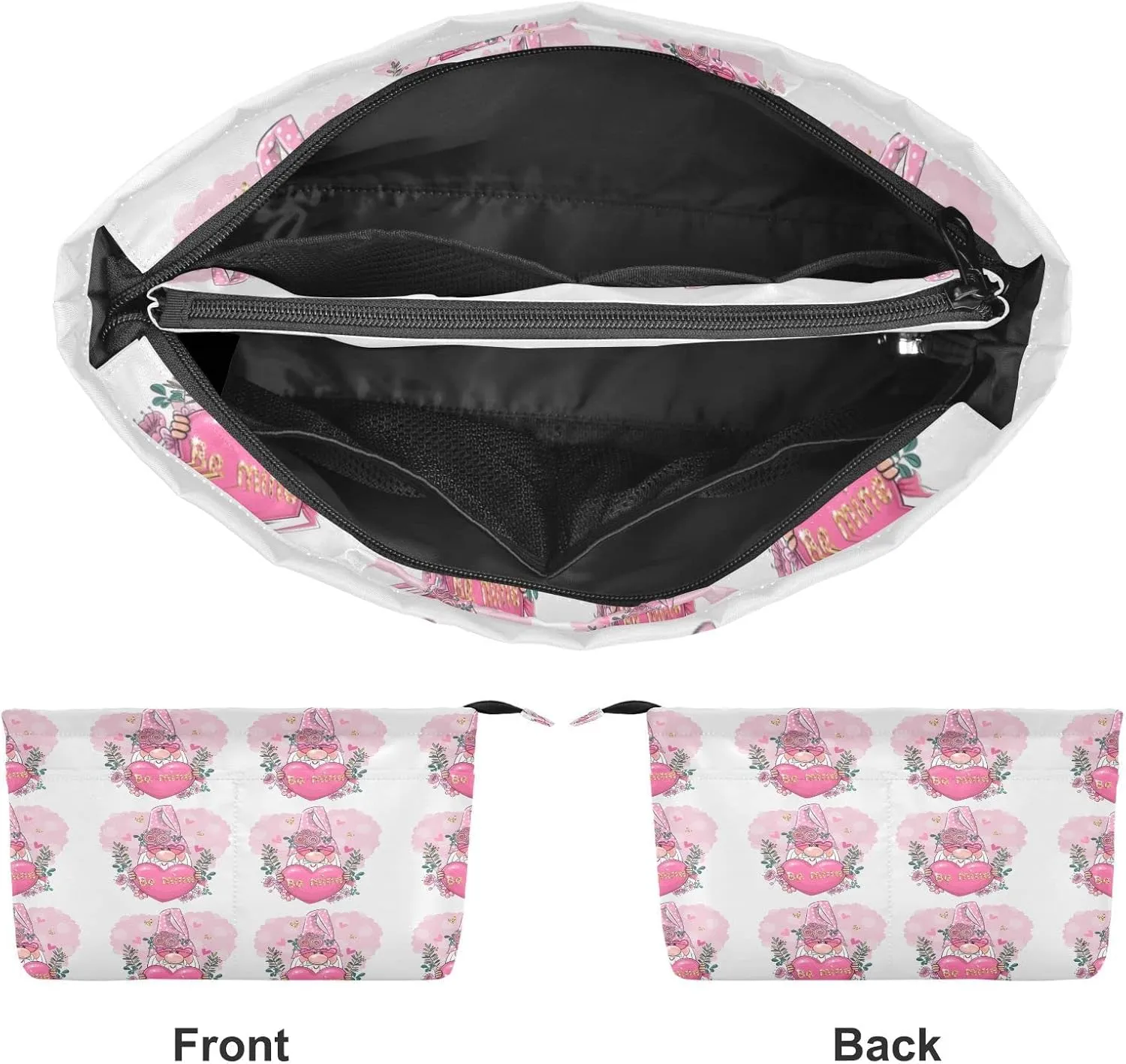 Valentine Be Mine Pink Gnome with Pink Heart, Flowers and Leaves Women's Portable Makeup Bag with Handle, Cosmetic Bag, Adjustable Travel Cosmetic Bag, Toiletry Storage Organizer for women S