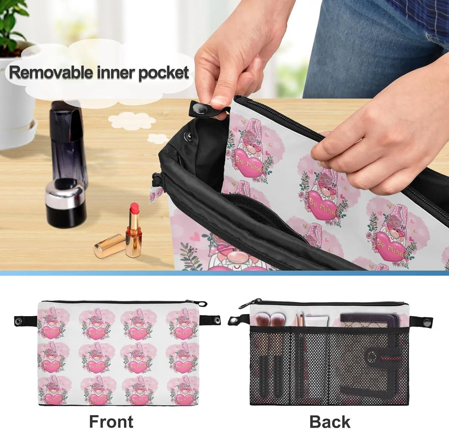 Valentine Be Mine Pink Gnome with Pink Heart, Flowers and Leaves Women's Portable Makeup Bag with Handle, Cosmetic Bag, Adjustable Travel Cosmetic Bag, Toiletry Storage Organizer for women S