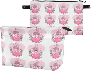 Valentine Be Mine Pink Gnome with Pink Heart, Flowers and Leaves Women's Portable Makeup Bag with Handle, Cosmetic Bag, Adjustable Travel Cosmetic Bag, Toiletry Storage Organizer for women S