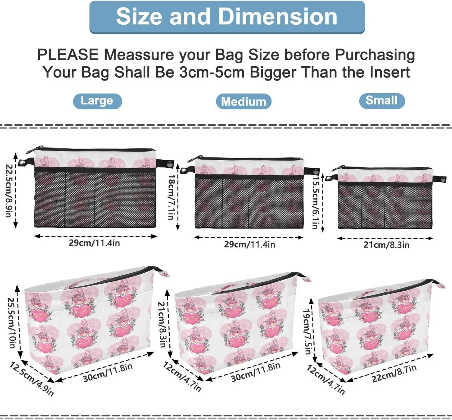 Valentine Be Mine Pink Gnome with Pink Heart, Flowers and Leaves Women's Portable Makeup Bag with Handle, Cosmetic Bag, Adjustable Travel Cosmetic Bag, Toiletry Storage Organizer for women S