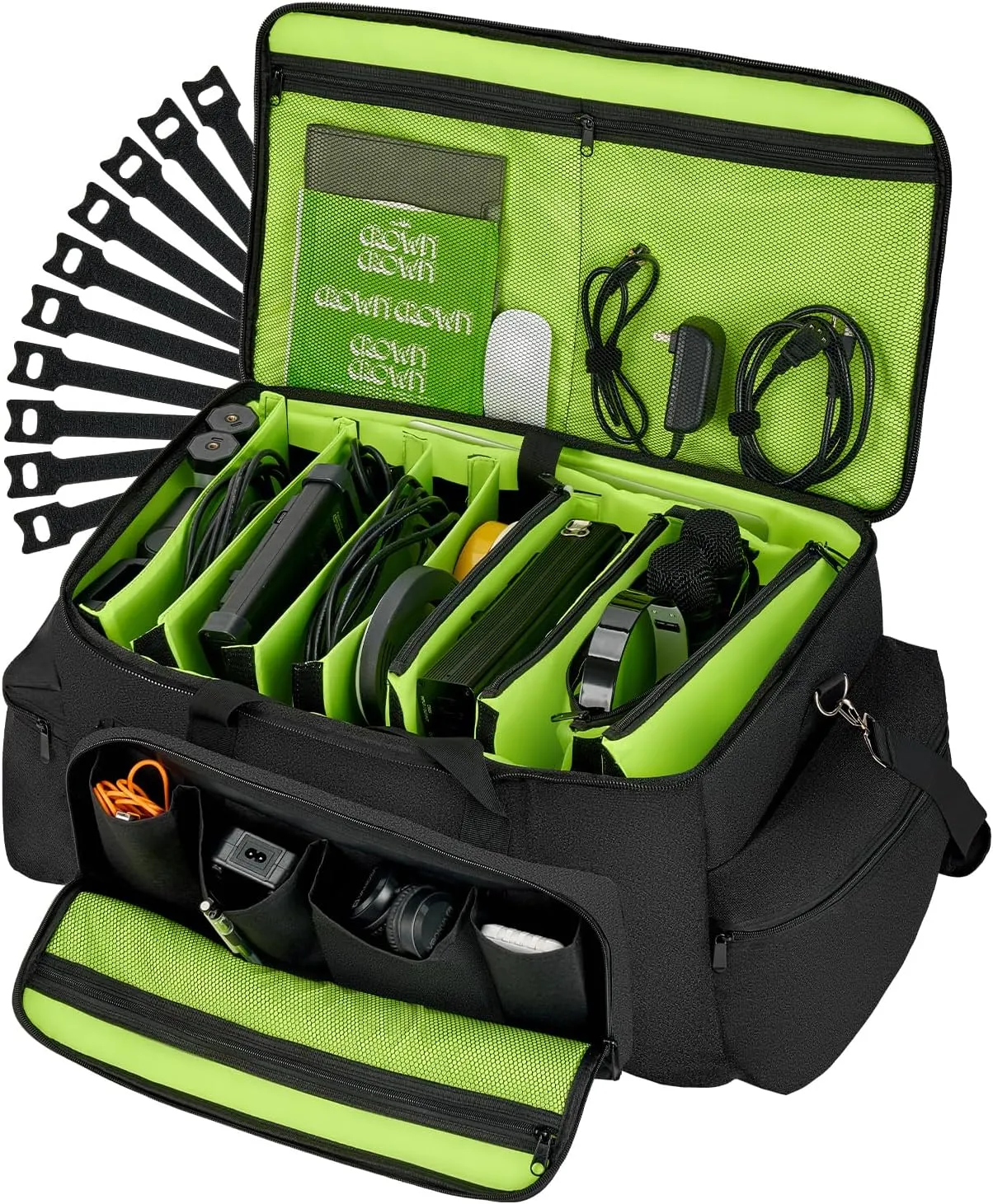 Vangoa DJ Cable Gig Bag Large, Thick Padding Durable with 8 Detachable Adjustable Divders, 16" Laptop Sleeve, 10 Cable Ties, DJ File Bag Travel Musicians Bag for DJ Gear, 23"x10"x11", Green