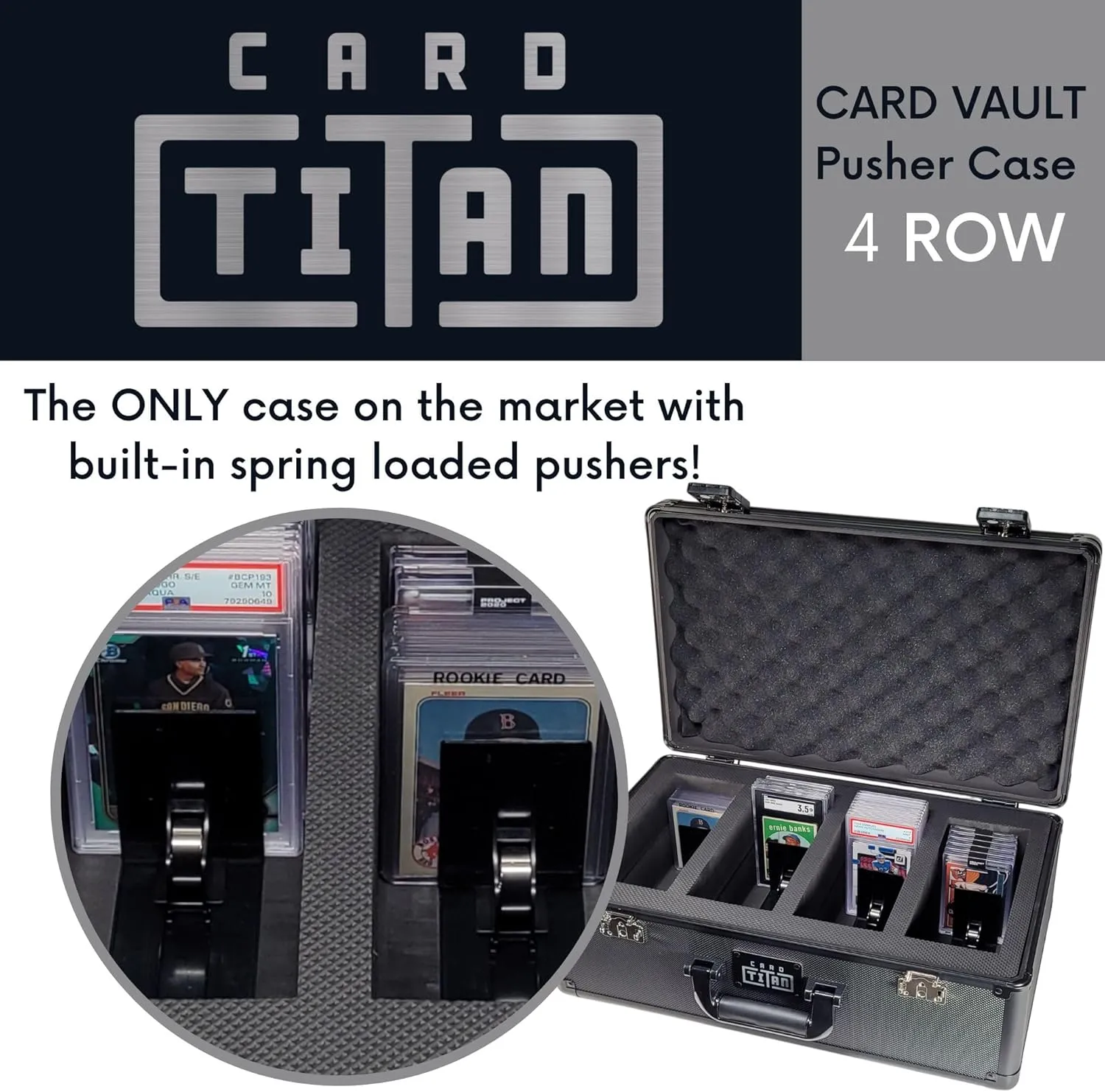 Vault Trading Card Storage Box - Lockable Sports Cards Hard Case with Spring-Loaded Pushers for Top Loaders & Graded Cards - 4 Row