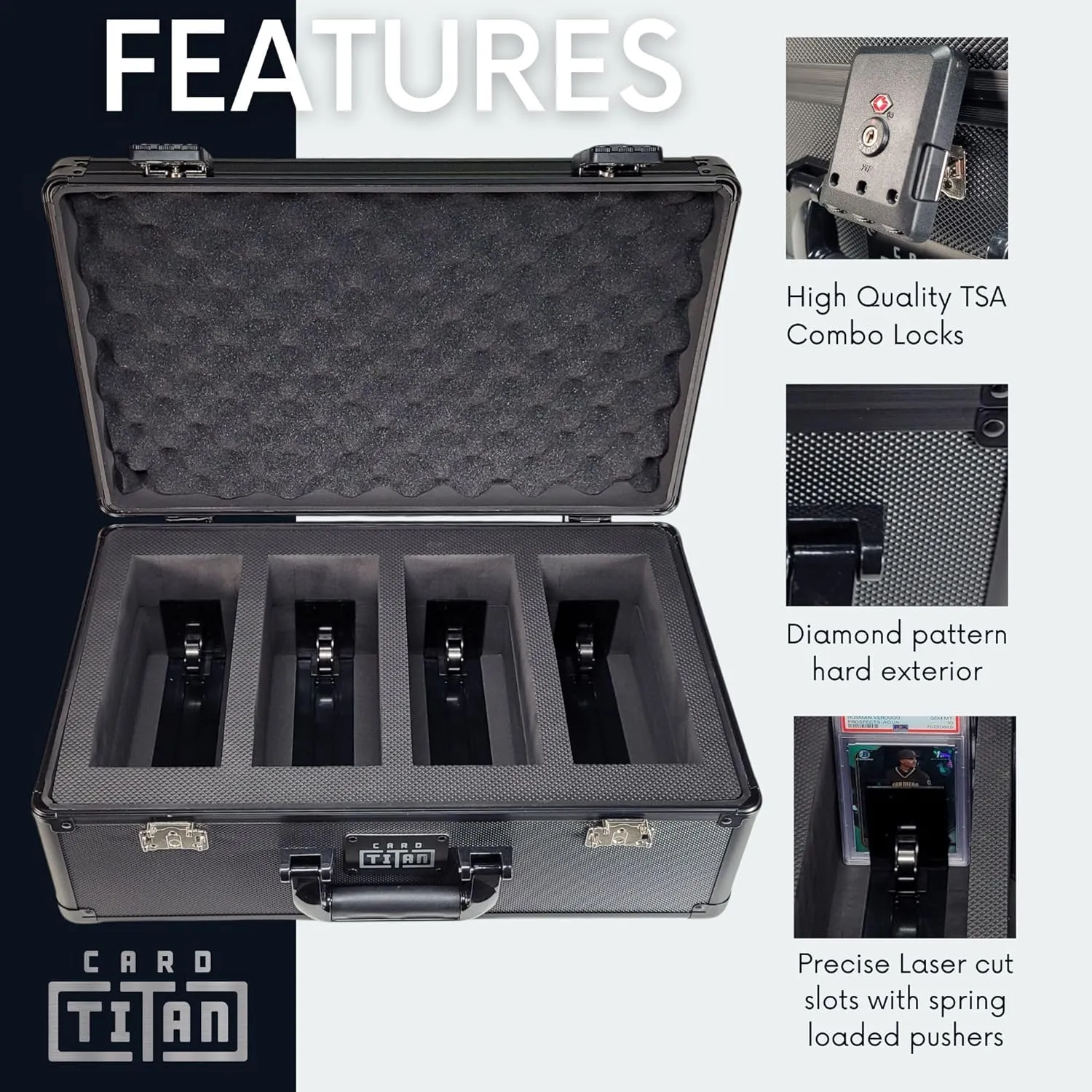 Vault Trading Card Storage Box - Lockable Sports Cards Hard Case with Spring-Loaded Pushers for Top Loaders & Graded Cards - 4 Row