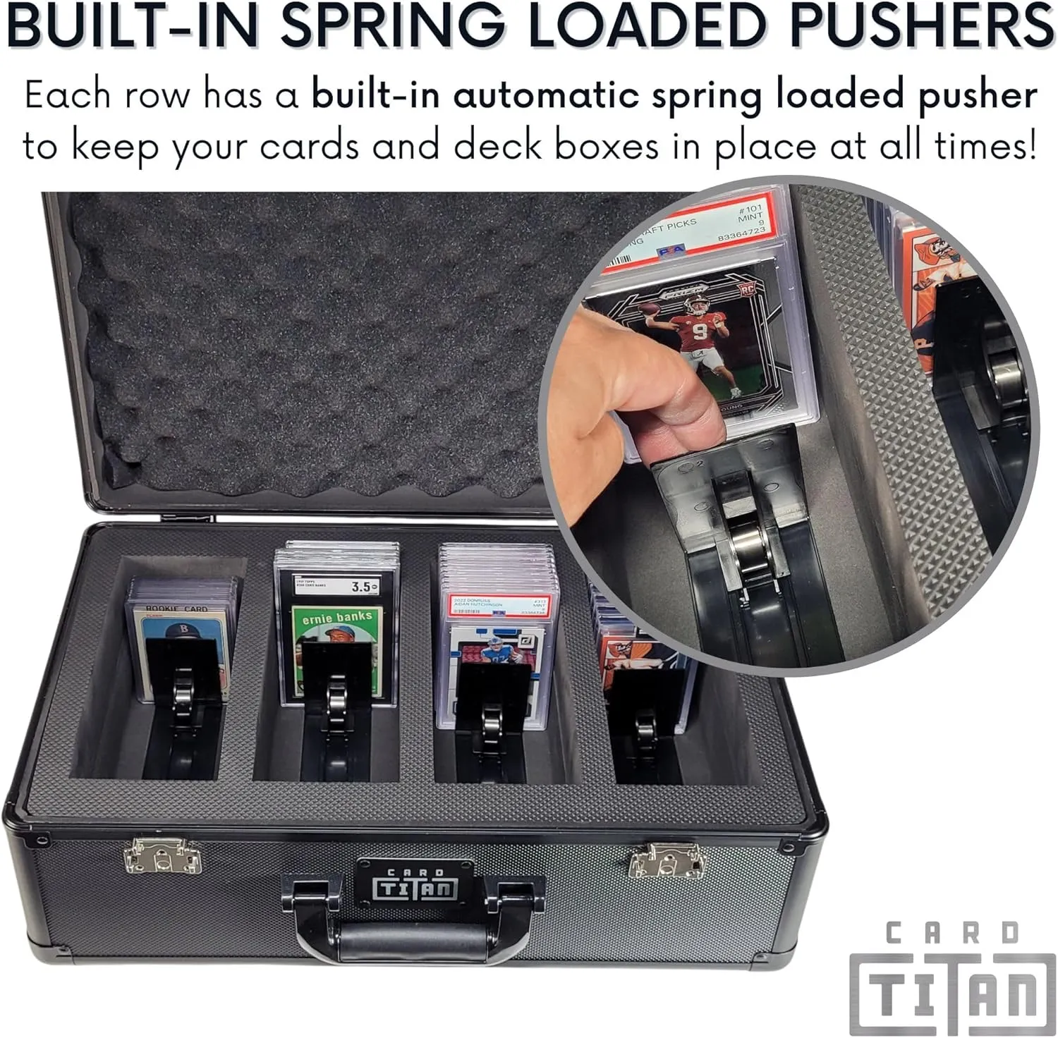 Vault Trading Card Storage Box - Lockable Sports Cards Hard Case with Spring-Loaded Pushers for Top Loaders & Graded Cards - 4 Row