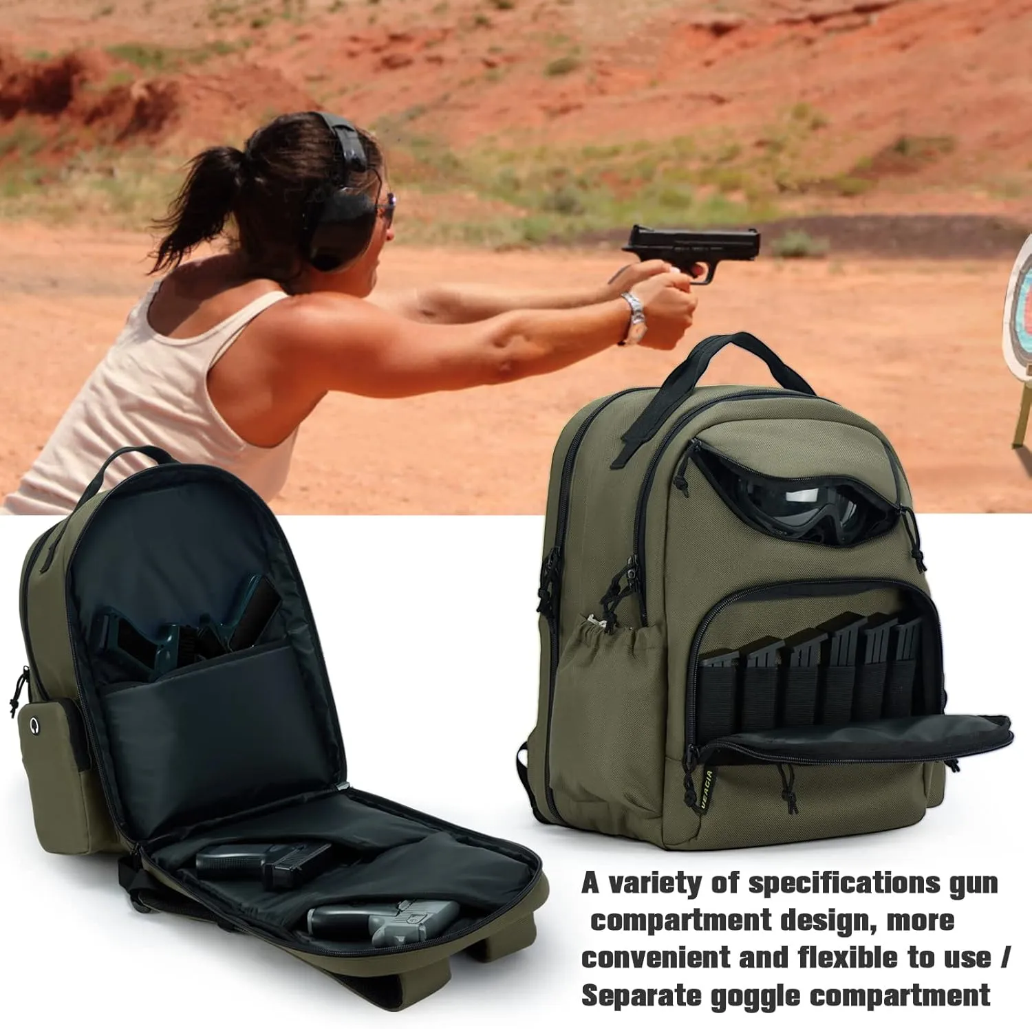 VEAGIA Range Backpack Pistol Range Bag For Handguns And Ammo Gun Cases Pistol Bags With Lockable Explosion-Proof Zippers