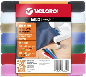 VELCRO Brand Sew on Tape 15ft x 3/4 in Variety Pack 7 Colors for Fabrics Clothing and Crafts, Substitute for Snaps and Buttons, Cut Strips to Length