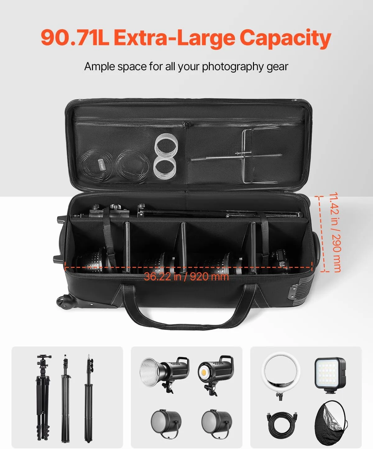 VEVOR Studio Equipment Trolley Case, Rolling Camera Bag, Carrying Bag with Wheels Straps Padded Compartment Handle, for Light Stands, Tripods, Telescopes