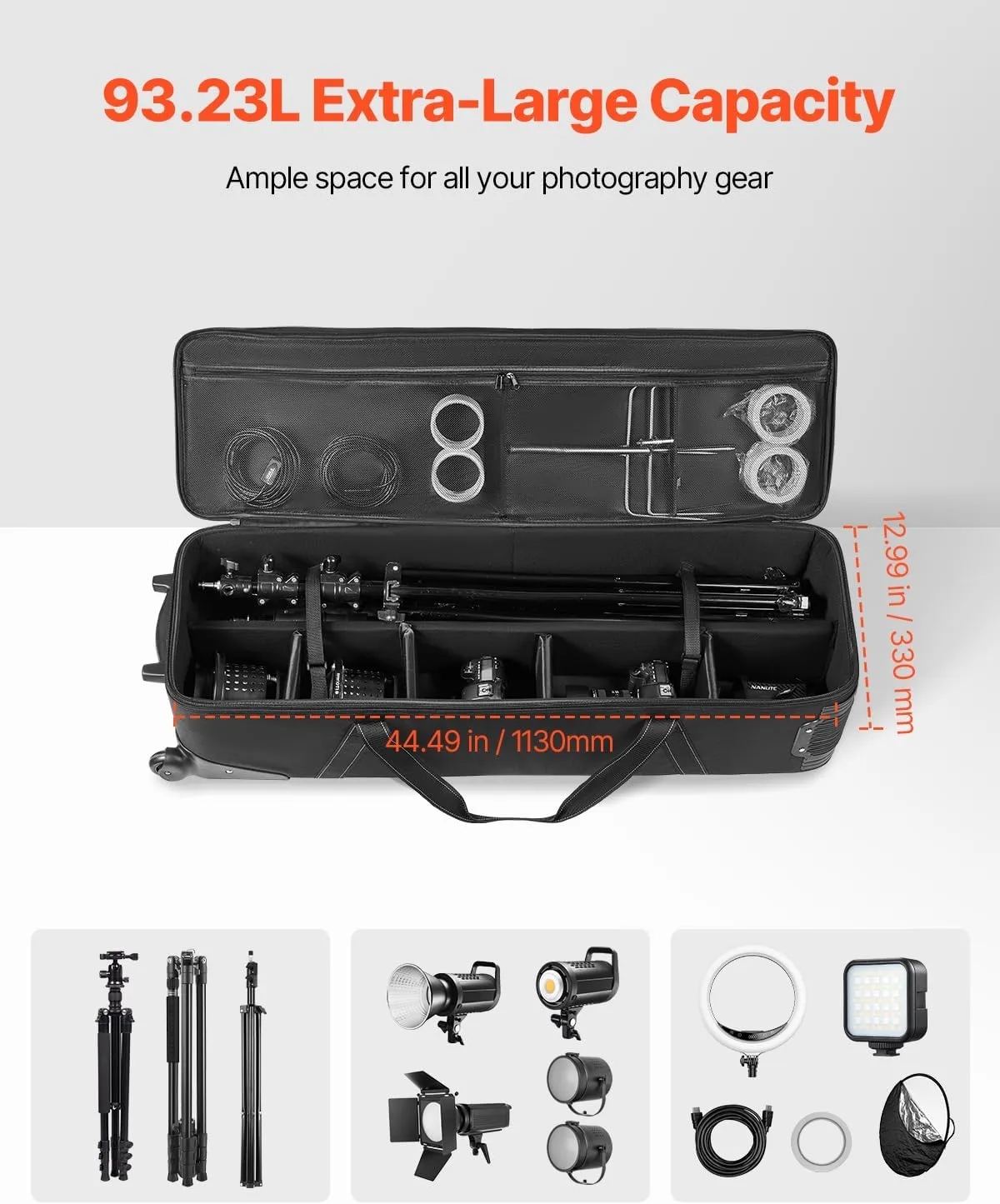 VEVOR Studio Equipment Trolley Case, Rolling Camera Bag, Carrying Bag with Wheels Straps Padded Compartment Handle, for Light Stands, Tripods, Telescopes