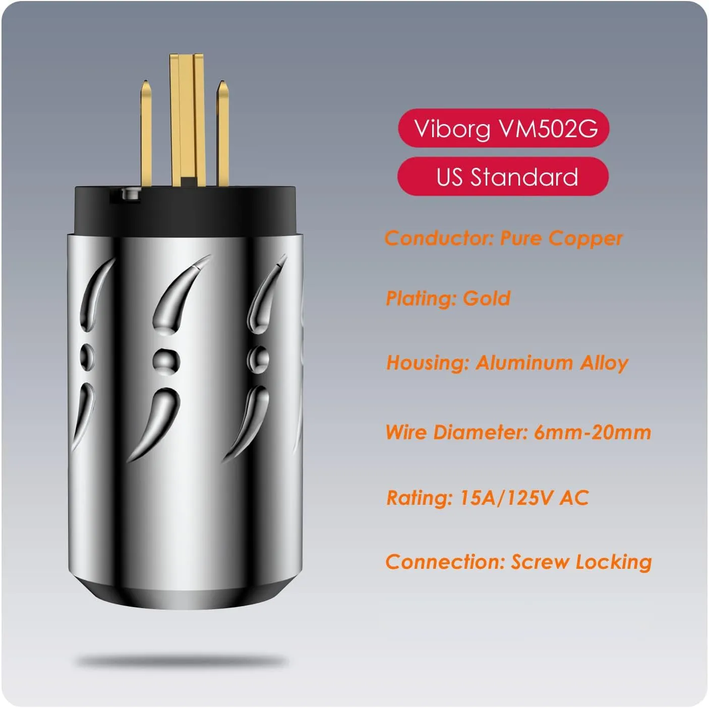 Viborg HiFi Power Plug, VM502G VF502G, Gold-plated Pure Copper Non-Magnetic, AC Mains Plug, Audio Power Plug, Aluminum Alloy Hi-End US Power Plug IEC C15 Power Connector for DIY Audiophile Power Cable