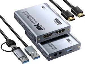 Video Capture Card, Audio Video Capture Card, USB 3.0 Capture Card 4K HDMI Loop-Out, 1080P 60FPS/2K 30FPS Videogame Capture for Streaming, Works forPS5/Switch/Camera/PC