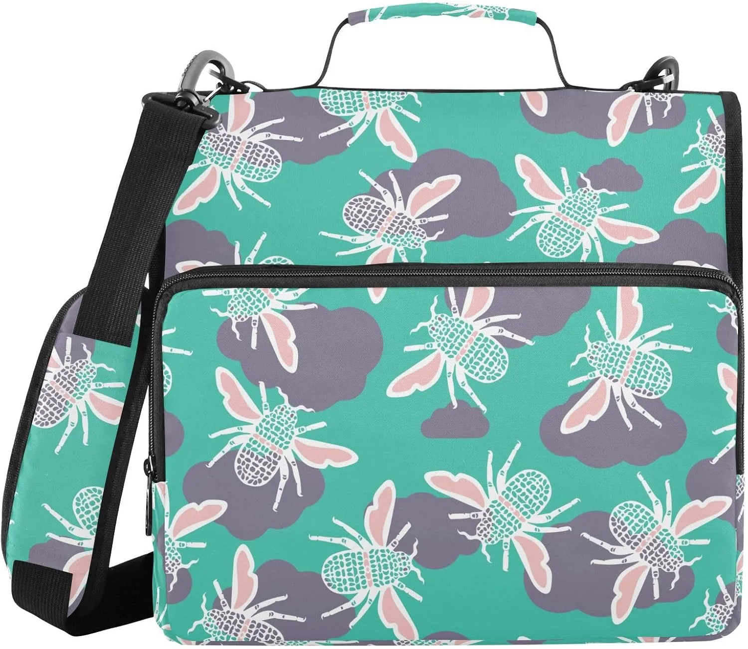 VIGTRO Cute Abstract Beetles Pattern 1.5 Inch 3 Ring Case Zipper Binder Organizer Bag with Shoulder Strap and Handle Multi-Pocket File Folder for Office Supplies