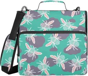 VIGTRO Cute Abstract Beetles Pattern 1.5 Inch 3 Ring Case Zipper Binder Organizer Bag with Shoulder Strap and Handle Multi-Pocket File Folder for Office Supplies