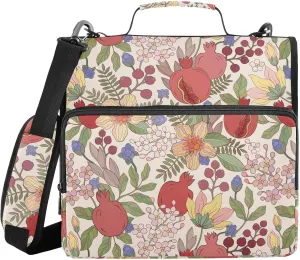 VIGTRO Pomegranate Leaf and Flowers 3 Ring Zipper Binder 1.5 Inch Binder Organizer Bag with Shoulder Strap and Handle File Folder for Office Work 500 Sheet Capacity