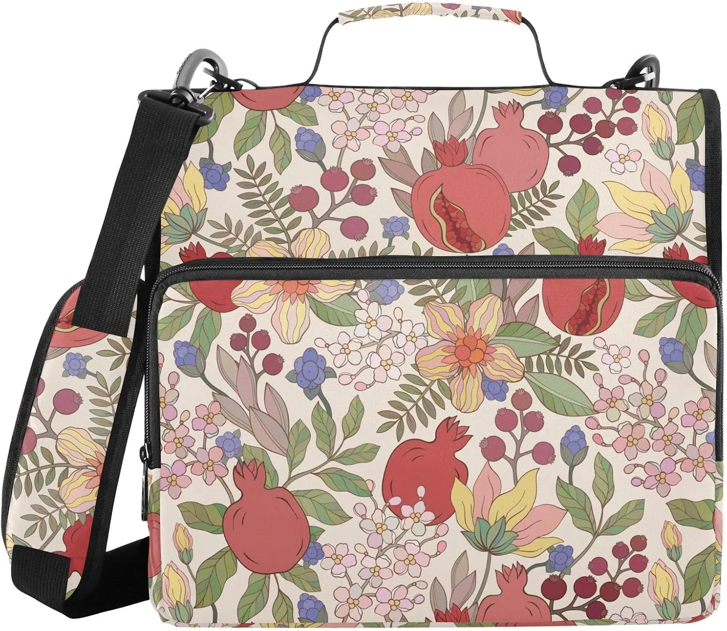 VIGTRO Pomegranate Leaf and Flowers 3 Ring Zipper Binder 1.5 Inch Binder Organizer Bag with Shoulder Strap and Handle File Folder for Office Work 500 Sheet Capacity