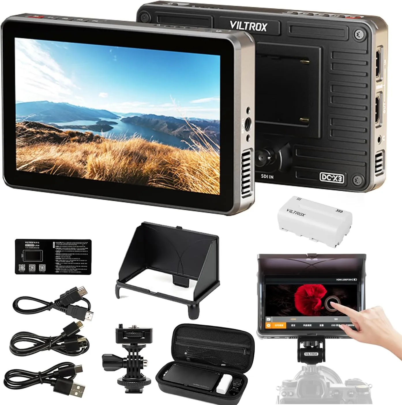 VILTROX DC-X3 2000Nit Camera Field Monitor - 6" 4K Touchscreen HDMI/SDI IPS DSLR Monitor with Sunshade Hood/Battery 3D LUT 160 Super Wide View Angle
