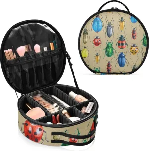 Vintage Retro Style Multicolor Beetles on Brown Women's Portable Round Makeup Bag with Handle, Cosmetic Bag, Adjustable Dividers, Travel Cosmetic Storage 11 x 3.5 x 10 inch