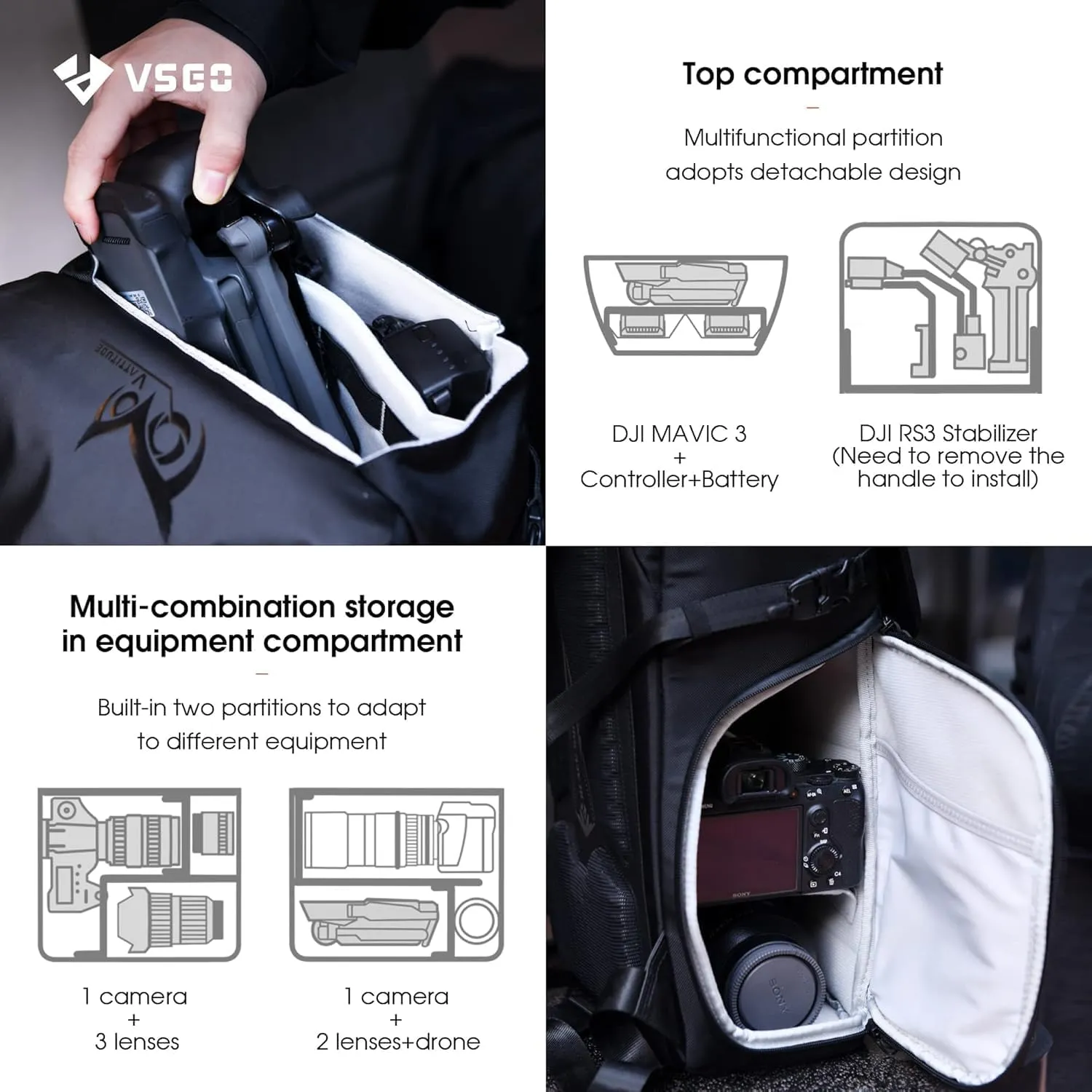 VSGO Camera and Drone Backpack Waterproof,16L Compatible for Sony Canon Nikon Camera, DJI RS3 Stabilizers, Lens Tripod Accessories 15.6 inch Laptop Compartment Quick Take Out