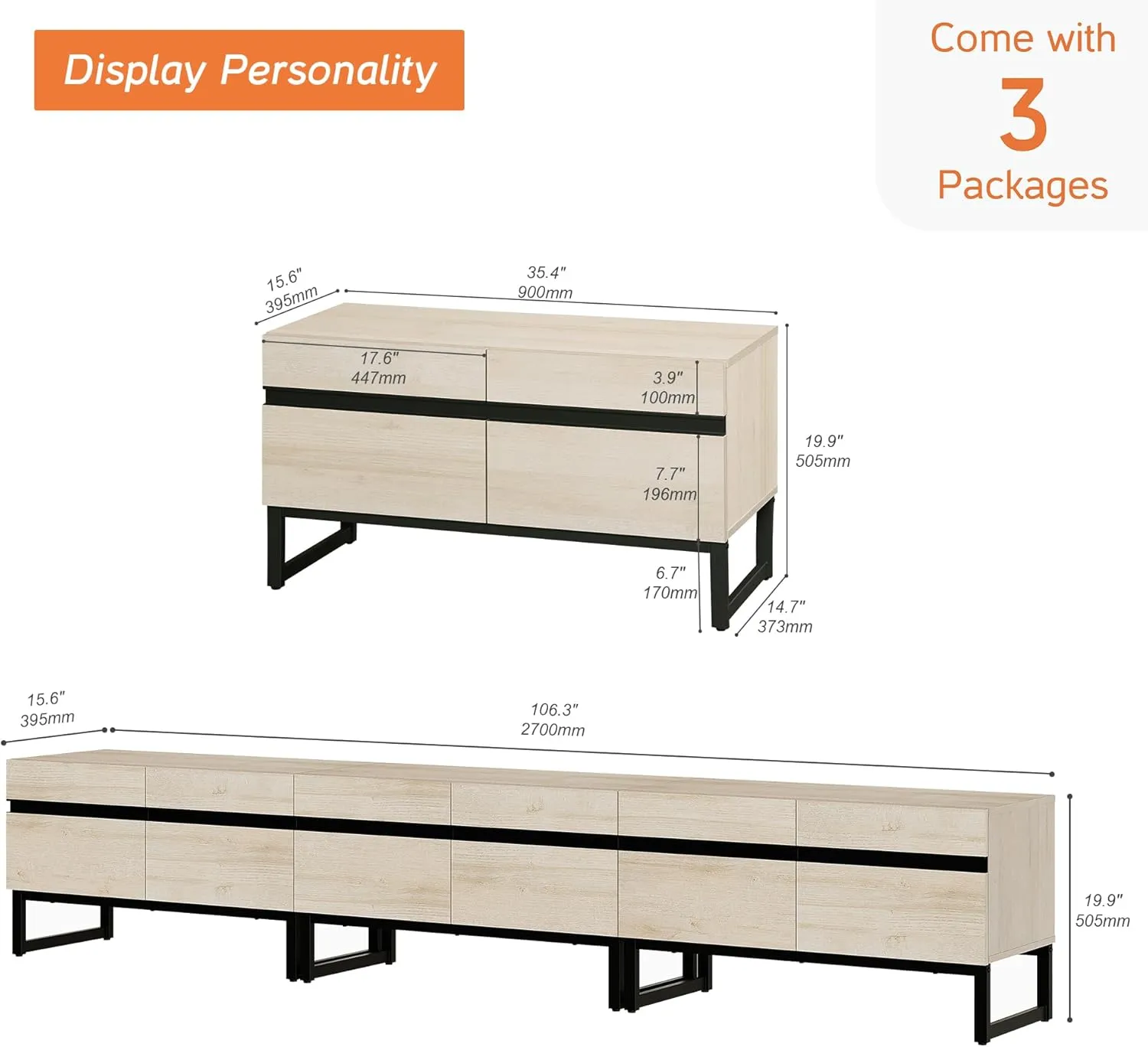 WAMPAT Modern TV Stand for TVs up to 110 inch, 3 in 1 Entertainment Center TV Console with Storage Cabinets and Metal Base,Media Console for Living Room,Light Oak