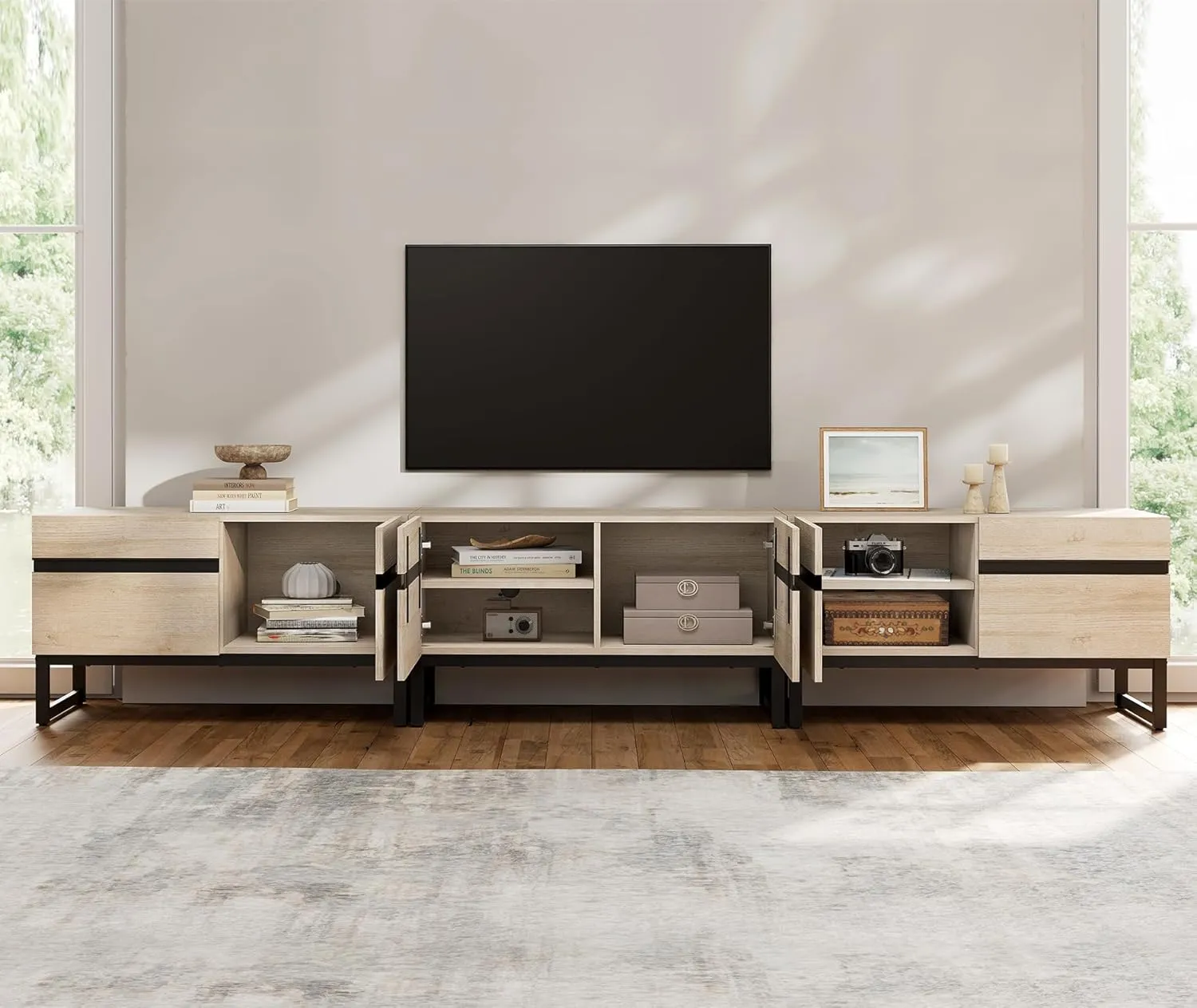 WAMPAT Modern TV Stand for TVs up to 110 inch, 3 in 1 Entertainment Center TV Console with Storage Cabinets and Metal Base,Media Console for Living Room,Light Oak