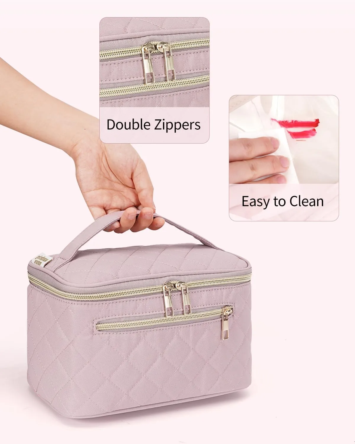 Wandering Nature Makeup Bag, Travel Make Up Organizer Cosmetic Brush Bags Case for Women in Quilted Fabric, Pink, Patent Pending