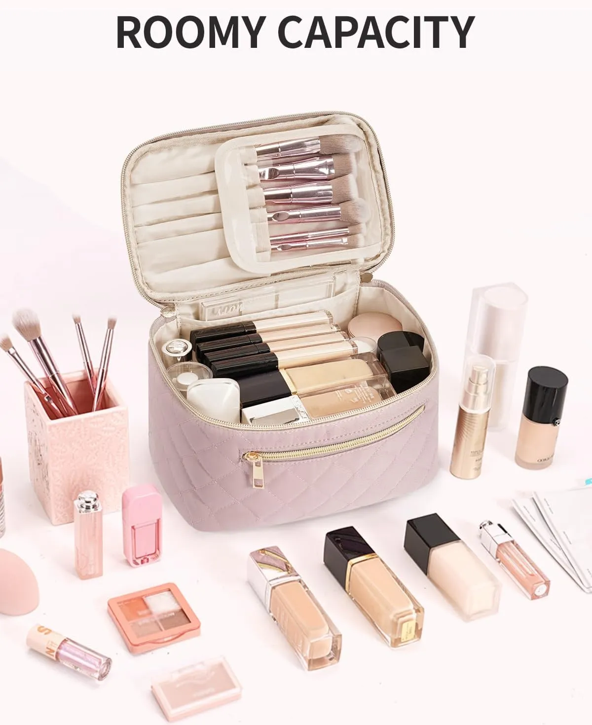 Wandering Nature Makeup Bag, Travel Make Up Organizer Cosmetic Brush Bags Case for Women in Quilted Fabric, Pink, Patent Pending