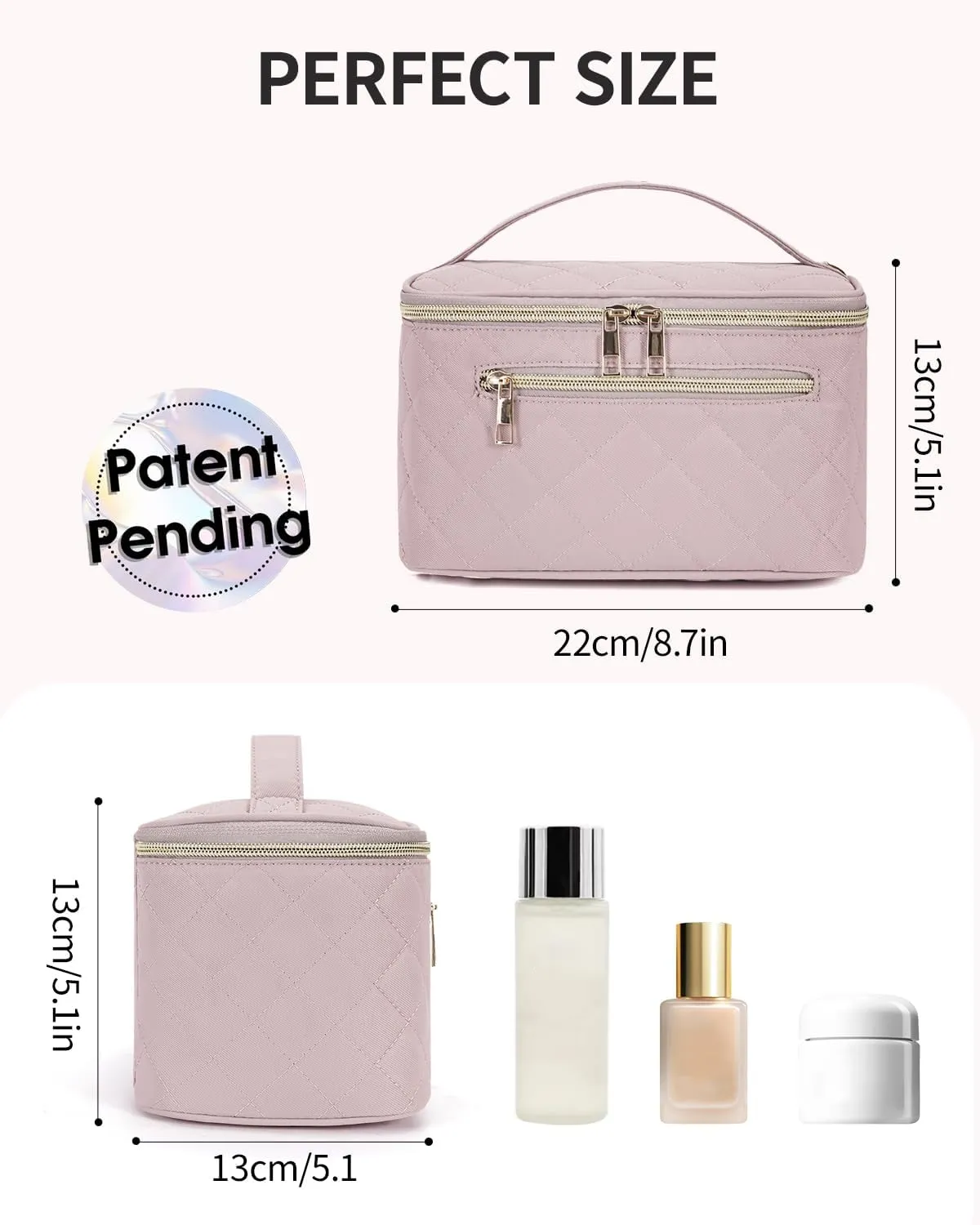Wandering Nature Makeup Bag, Travel Make Up Organizer Cosmetic Brush Bags Case for Women in Quilted Fabric, Pink, Patent Pending