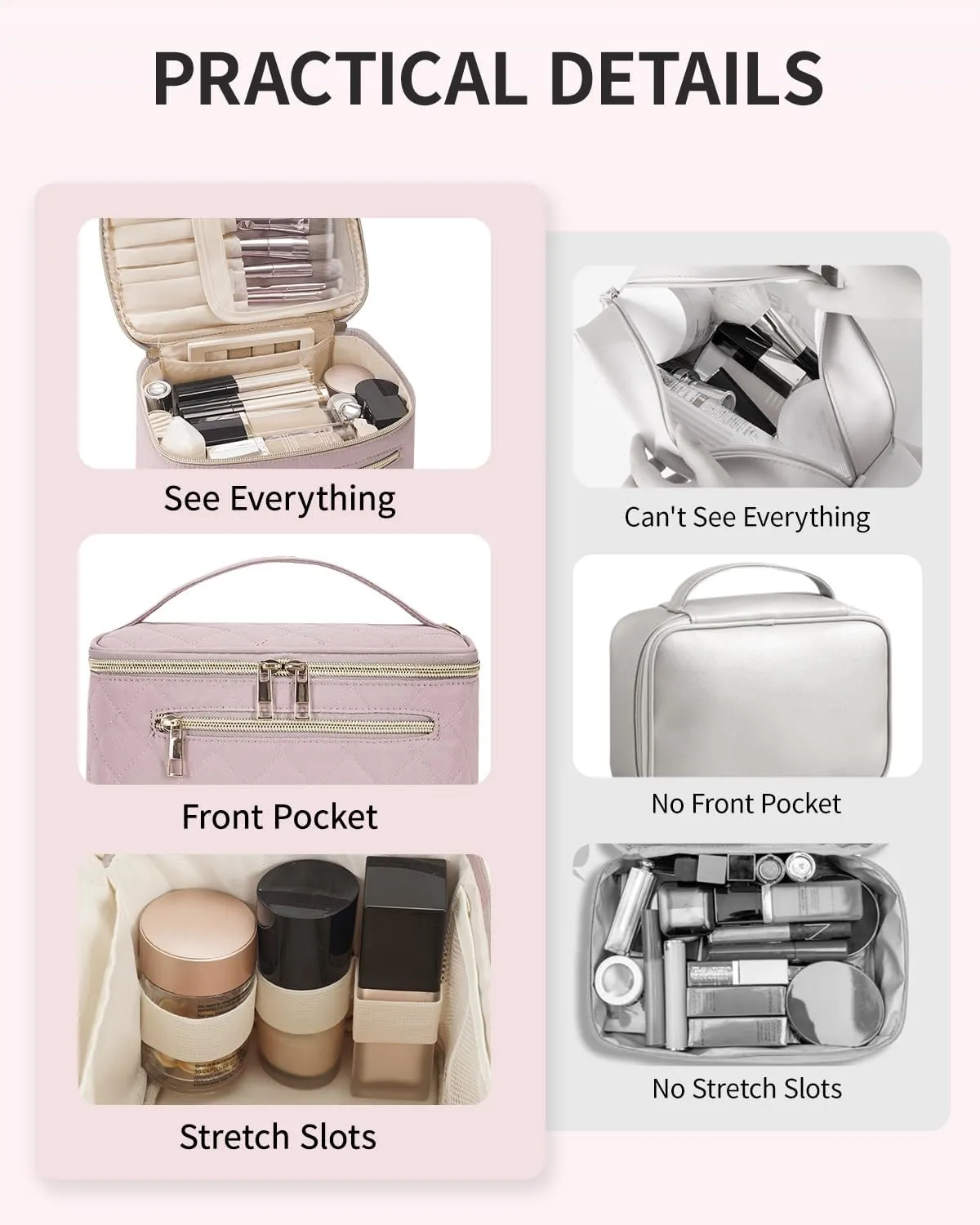 Wandering Nature Makeup Bag, Travel Make Up Organizer Cosmetic Brush Bags Case for Women in Quilted Fabric, Pink, Patent Pending