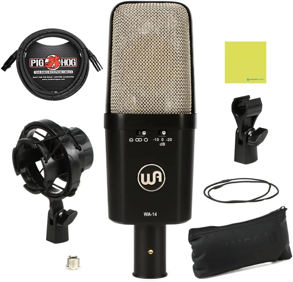 Warm Audio WA-14 Transformer-Balanced Large Diaphragm Condenser Microphone Bundle with Pig Hog PHM10 10ft Microphone Cable, Shock Mount, Mic Clip, Mic Leather Bag and Instrument Polishing Cloth