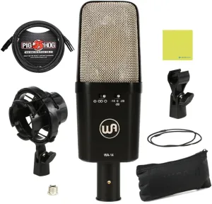 Warm Audio WA-14 Transformer-Balanced Large Diaphragm Condenser Microphone Bundle with Pig Hog PHM10 10ft Microphone Cable, Shock Mount, Mic Clip, Mic Leather Bag and Instrument Polishing Cloth