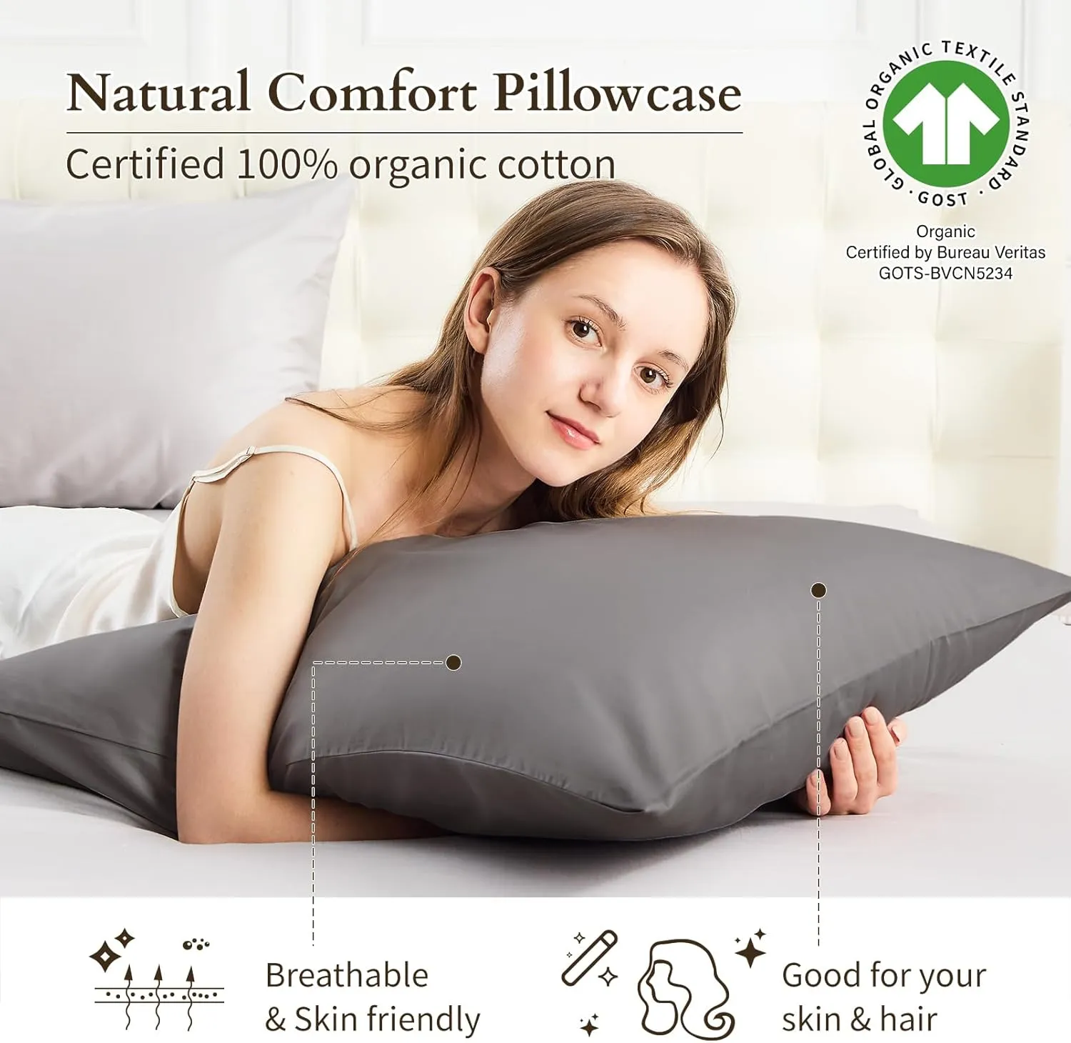 Warmstar 100% Organic Cotton Pillow Cases Set of 2, Pillow Cases Queen Size Satin Weave Soft Hypoallergenic GOTS Certified Pillowcases Breathable Envelope Pillowcass,20x30 Inches,Dark Grey