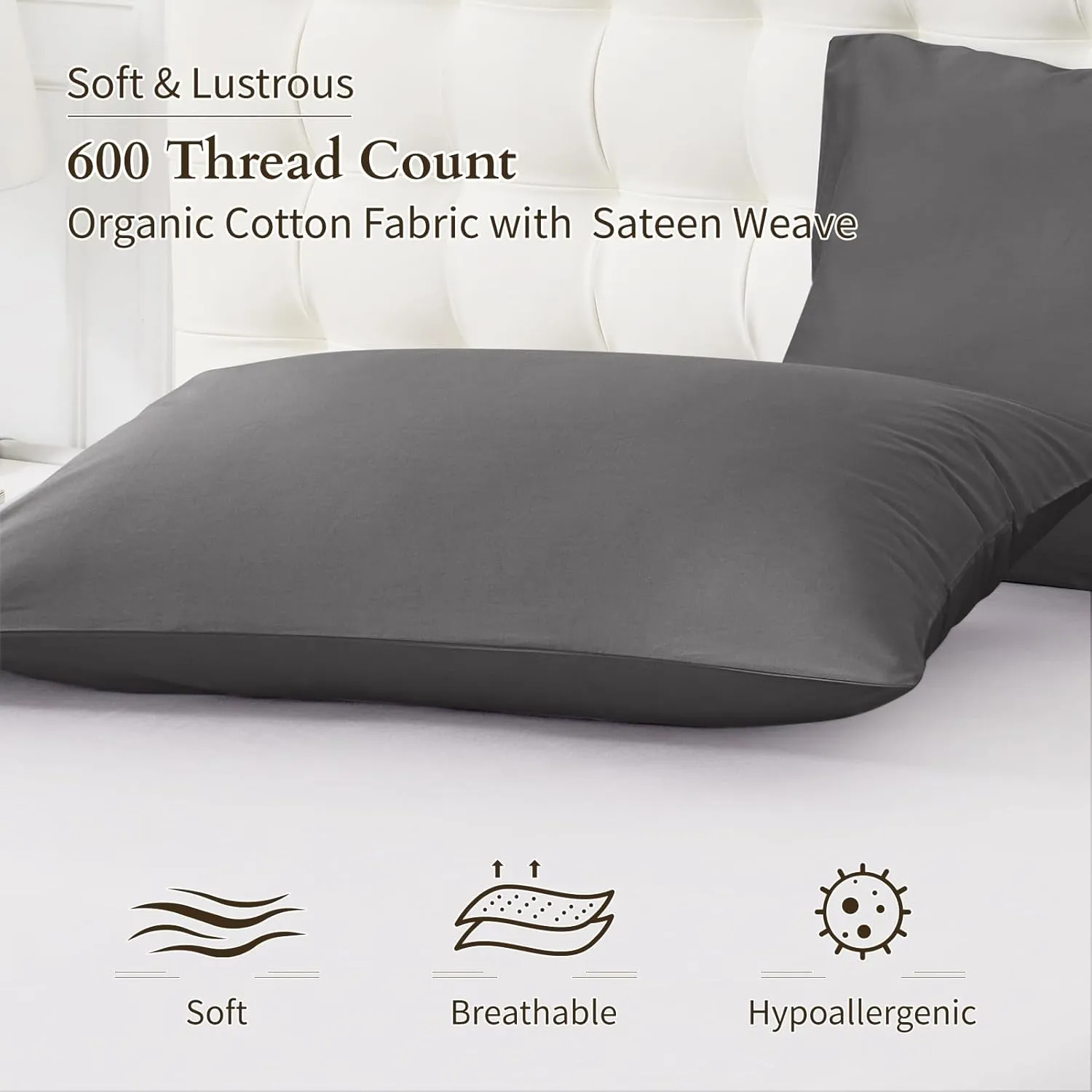 Warmstar 100% Organic Cotton Pillow Cases Set of 2, Pillow Cases Queen Size Satin Weave Soft Hypoallergenic GOTS Certified Pillowcases Breathable Envelope Pillowcass,20x30 Inches,Dark Grey