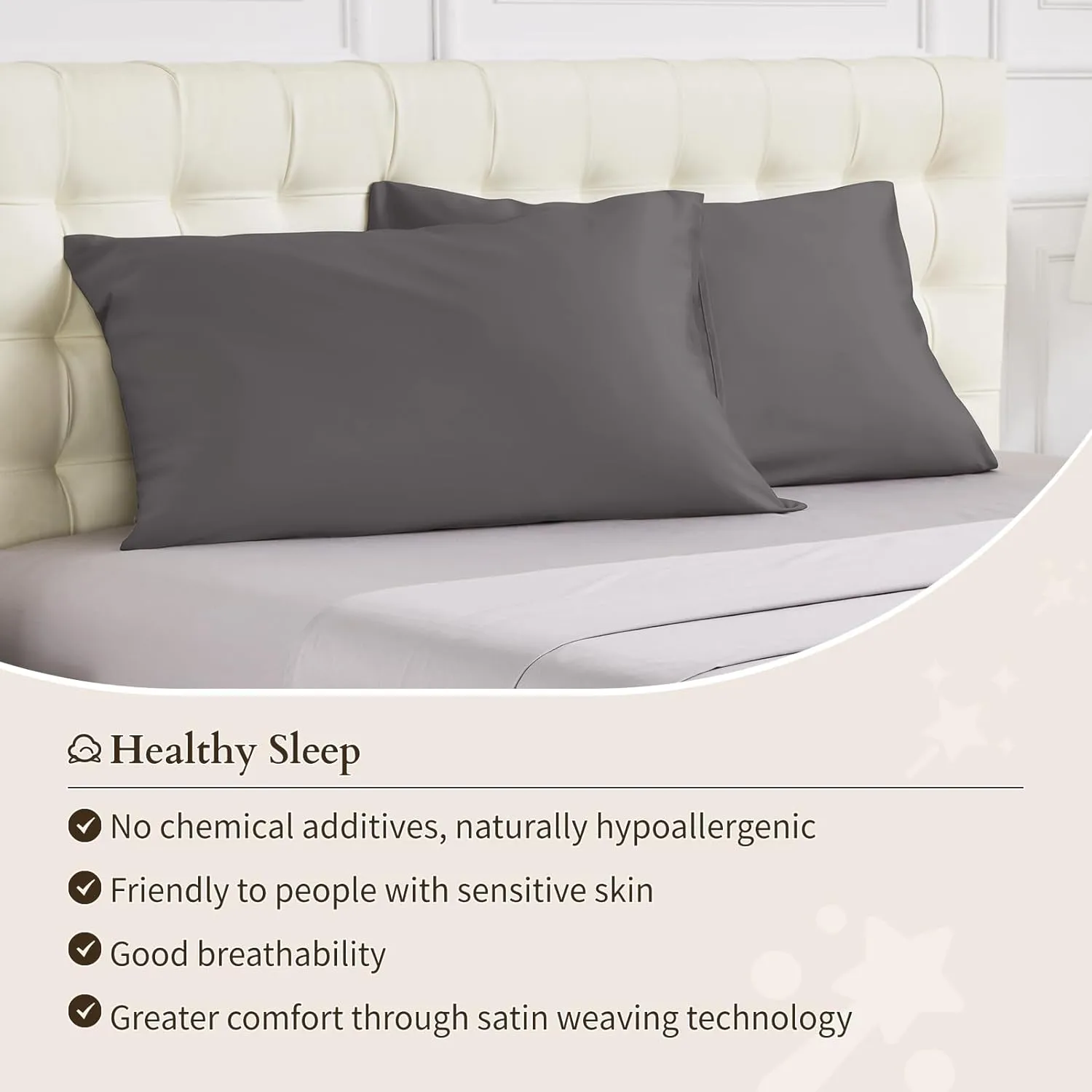 Warmstar 100% Organic Cotton Pillow Cases Set of 2, Pillow Cases Queen Size Satin Weave Soft Hypoallergenic GOTS Certified Pillowcases Breathable Envelope Pillowcass,20x30 Inches,Dark Grey