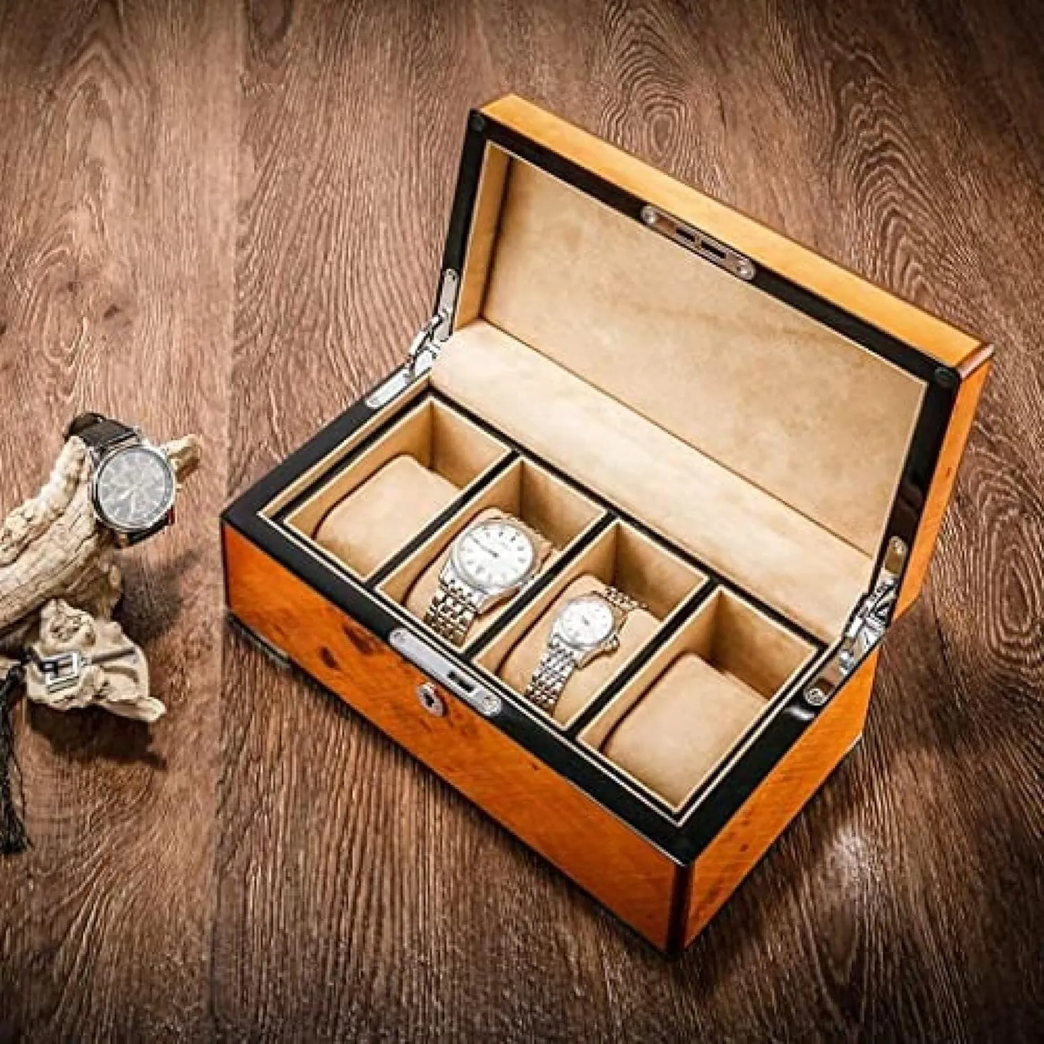 Watch Box Watch Case Watch Stand Watch Winder 4 Grids Solid Wood Watch Box Case Professional Holder Organizer for Clock Watches Jewelry Watch Case Display,D,25X14X10.2cm