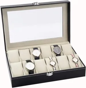 Watch Case,Elegant Large Watch Box Organizer for Men Women with 12 Slots, Transparent top, Portable Leather Watch Holder Mens Watches Case Storage Best for The Husband,