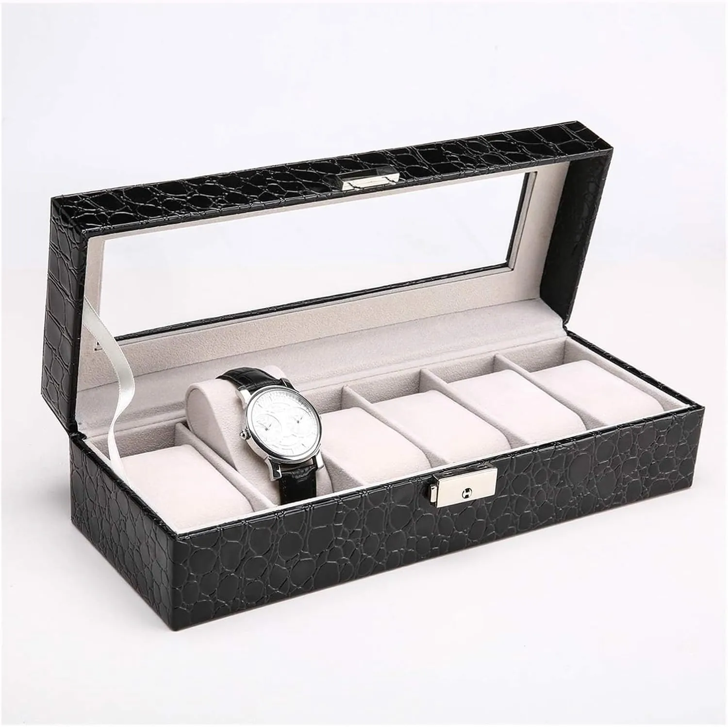 Watch Case,Elegant Leather Watch Box Organizer for Men Women with 6 Slots, Transparent top, Portable Watch Holder Mens Watches Case Storage Best for The Husband,