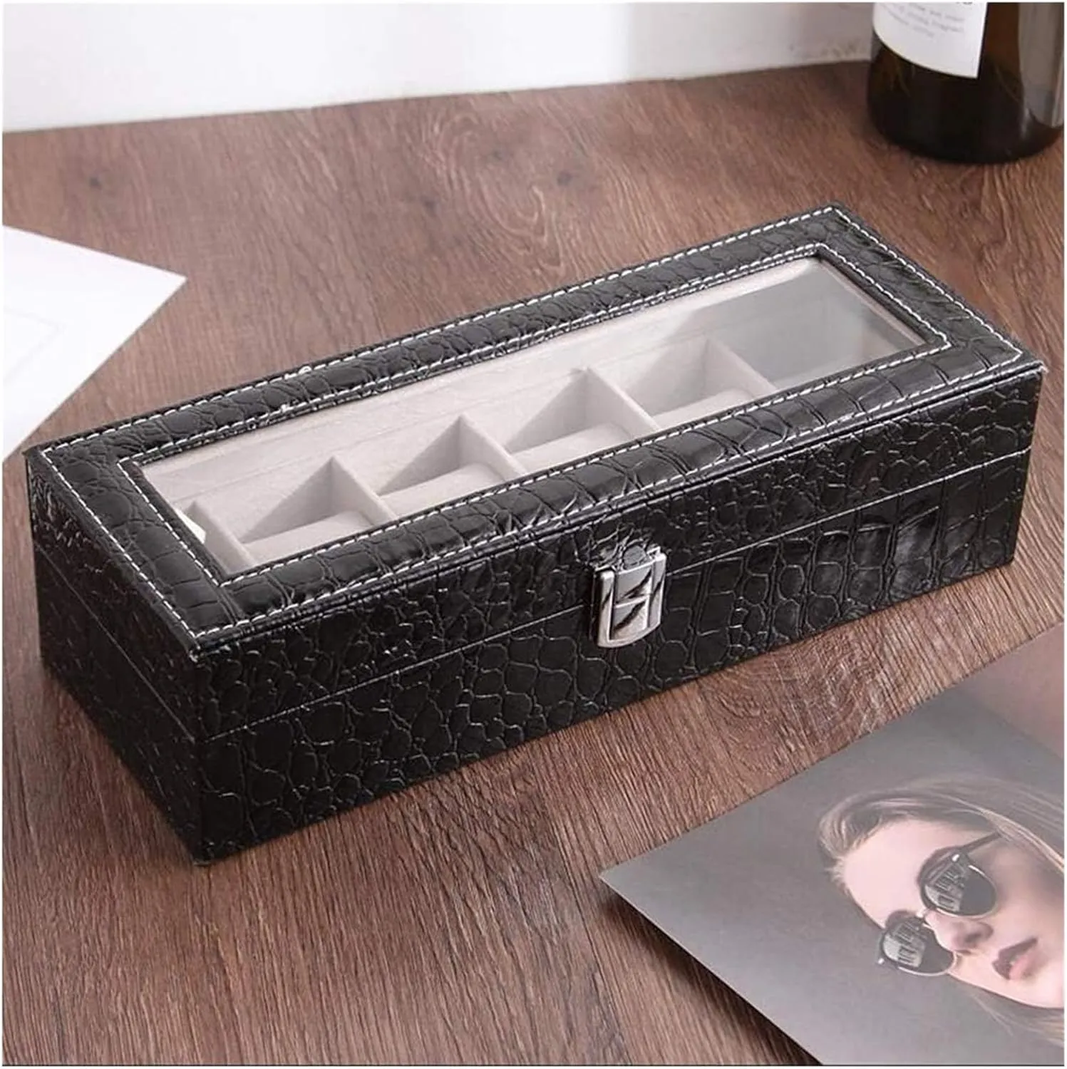 Watch Case,Elegant Leather Watch Box Organizer for Men Women with 6 Slots, Transparent top, Portable Watch Holder Mens Watches Case Storage Best for The Husband,