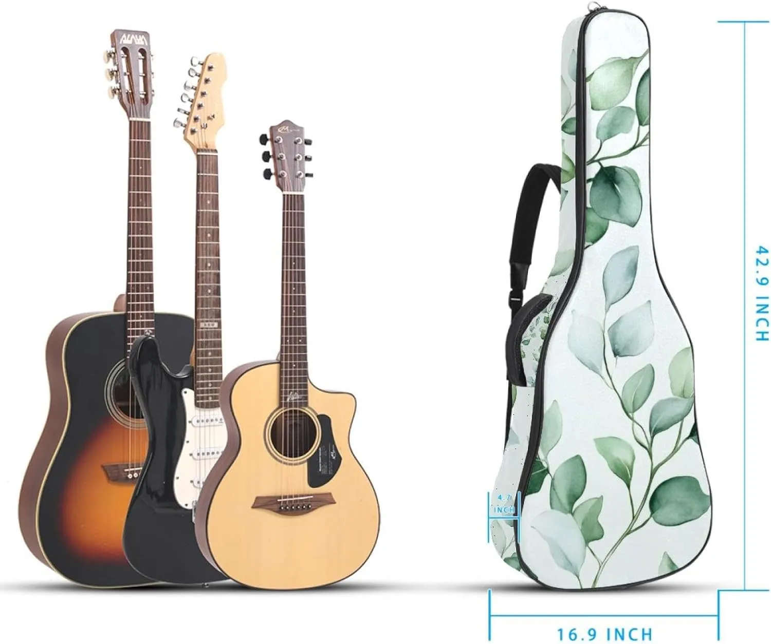 Watercolor Foliage Sage Green Background Acoustic Guitar Bag, Guitar Case Gig Bag 40 41 42 inch with Dual Adjustable Shoulder Strap and Back Hanger Loop