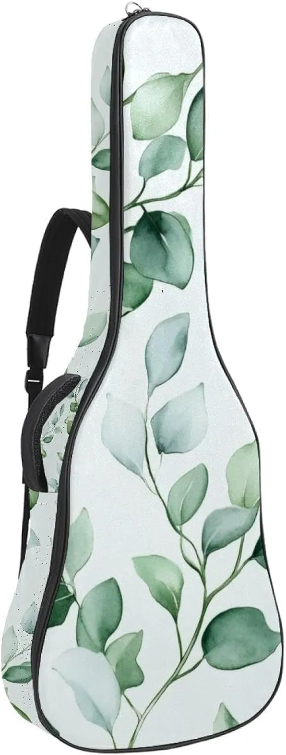 Watercolor Foliage Sage Green Background Acoustic Guitar Bag, Guitar Case Gig Bag 40 41 42 inch with Dual Adjustable Shoulder Strap and Back Hanger Loop