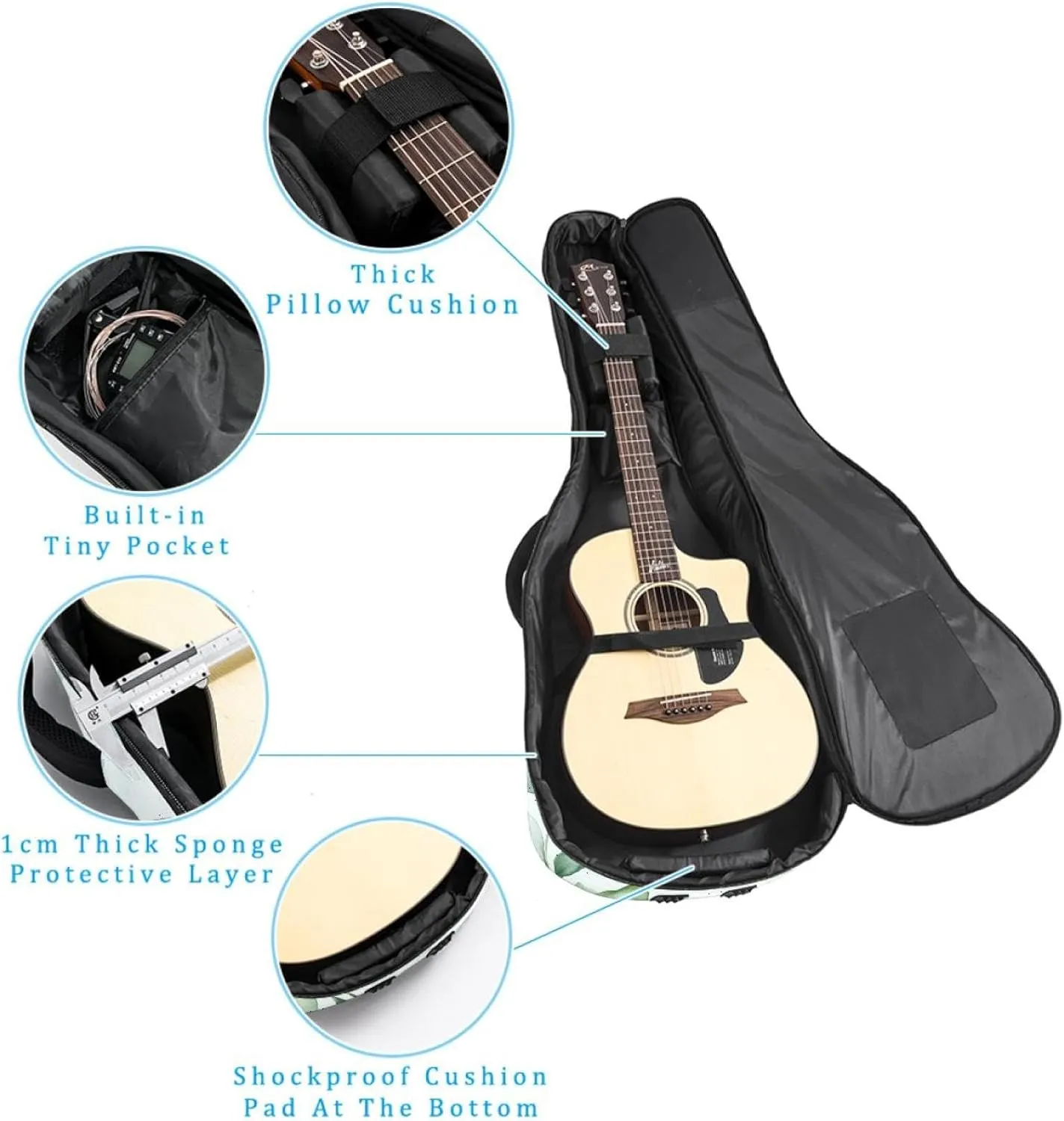 Watercolor Foliage Sage Green Background Acoustic Guitar Bag, Guitar Case Gig Bag 40 41 42 inch with Dual Adjustable Shoulder Strap and Back Hanger Loop