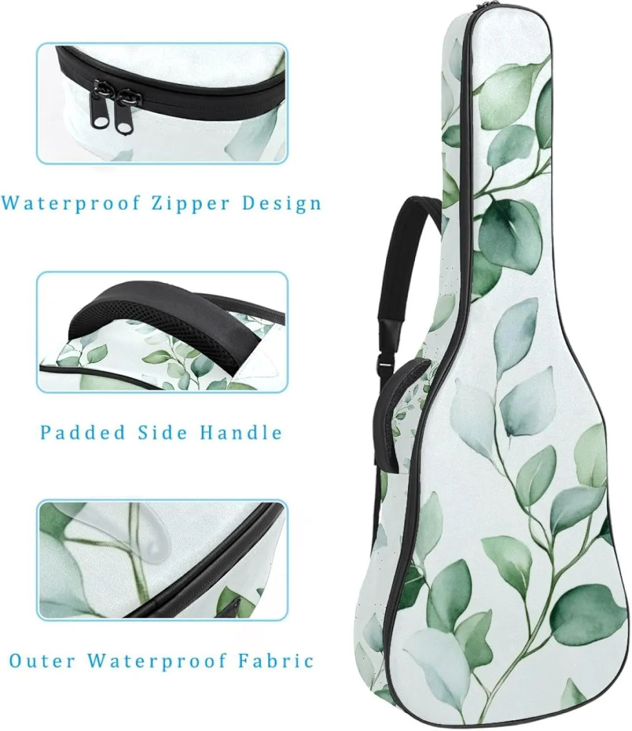 Watercolor Foliage Sage Green Background Acoustic Guitar Bag, Guitar Case Gig Bag 40 41 42 inch with Dual Adjustable Shoulder Strap and Back Hanger Loop