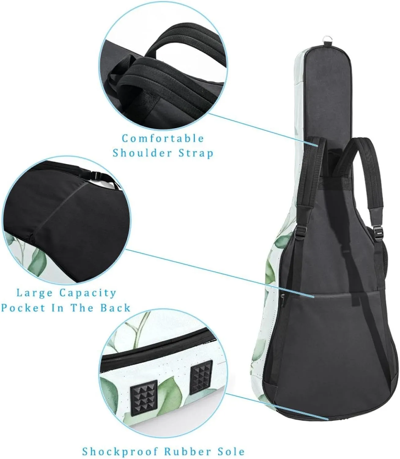 Watercolor Foliage Sage Green Background Acoustic Guitar Bag, Guitar Case Gig Bag 40 41 42 inch with Dual Adjustable Shoulder Strap and Back Hanger Loop