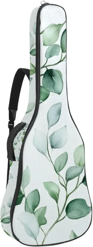 Watercolor Foliage Sage Green Background Acoustic Guitar Bag, Guitar Case Gig Bag 40 41 42 inch with Dual Adjustable Shoulder Strap and Back Hanger Loop
