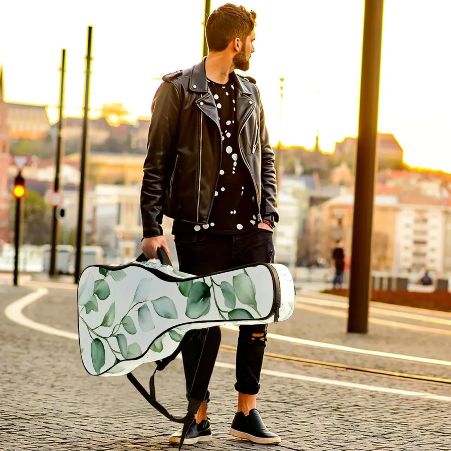 Watercolor Foliage Sage Green Background Acoustic Guitar Bag, Guitar Case Gig Bag 40 41 42 inch with Dual Adjustable Shoulder Strap and Back Hanger Loop