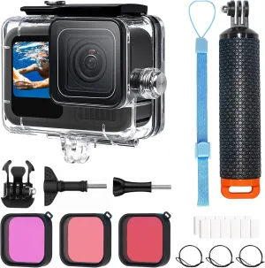 Waterproof Housing Case with 3Pack Filters for Go Pro Hero 13 Hero 12 Hero 11 Hero 10 Hero 9 Black,Protective Underwater Dive Shell Monopod Floating Hand Grip Pole Stick Action Camera Accessory