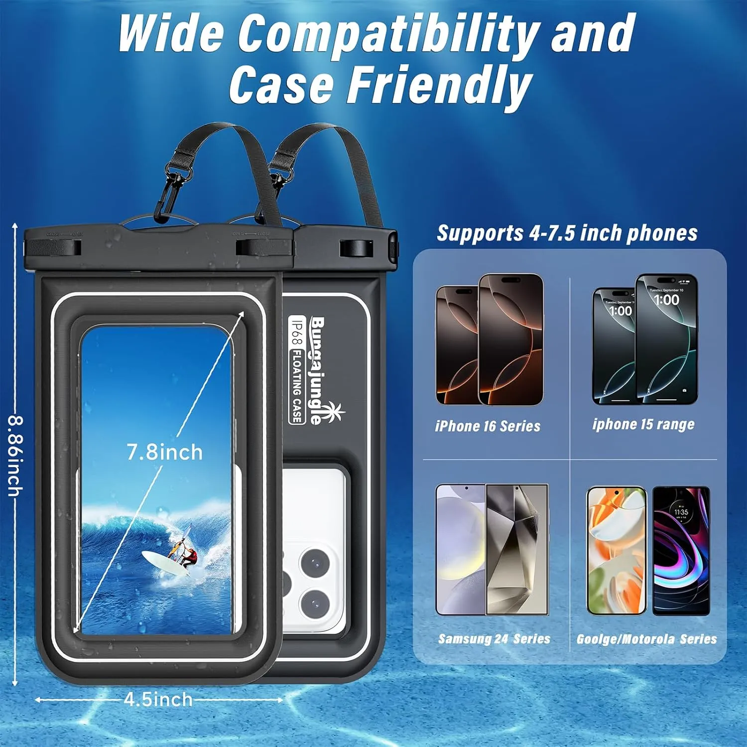 Waterproof Phone Pouch - 2 Pack IP68 Floating Waterproof Phone Case, Dry Bag Beach Cruise Essentials with Adjustable Lanyard for iPhone 16 Pro Max / 15 Pro / Galaxy S24 S23 (Black and Black)